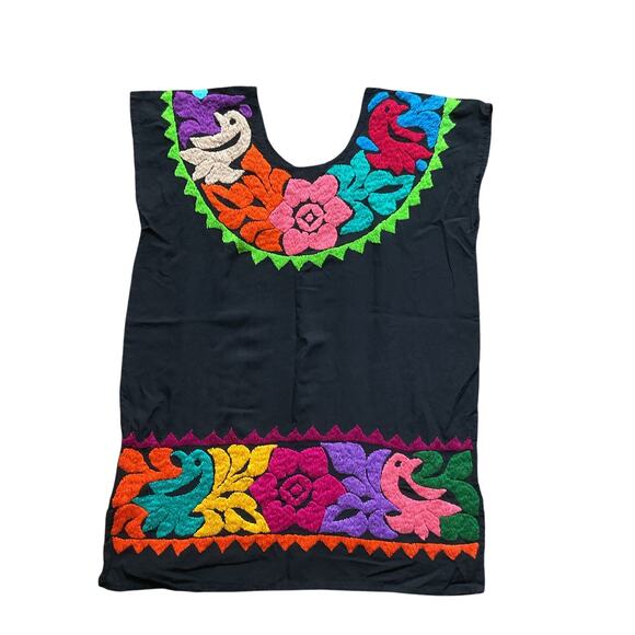 Handmade Mexican Embroidered Black Blouse Tunic Top Birds Flowers Artisan - Picture 5 of 8